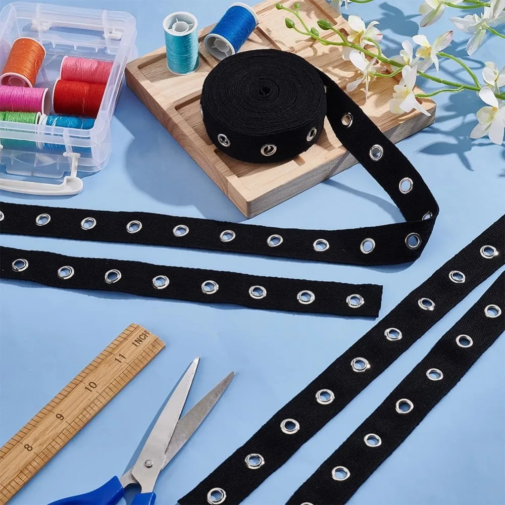 1Set 6.25 Yards Cotton Grommet Tape Eyelet Tape 1inch Wide Black Eyelet Grommet Tape Twill Tape with Silver Eyelet for Sewing