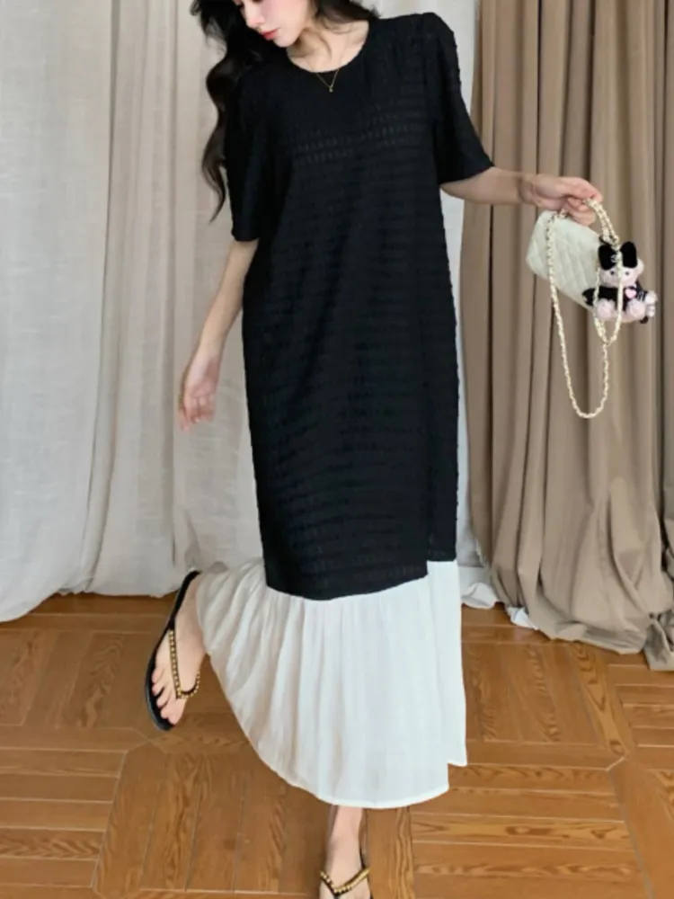 فستان نسائي كوري صيفي جديد من فيستدوس رداء Elbise فضفاض مقاس كبير وأكمام قصيرة مرقعة بحاشية من الساتان فستان طويل #4