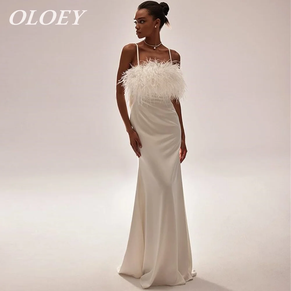 OLOEY Elegant Mermaid Wedding Dress Feathers Silk Satin Bridal Gown Spaghetti Straps Floor Length Backless Robe de mariage