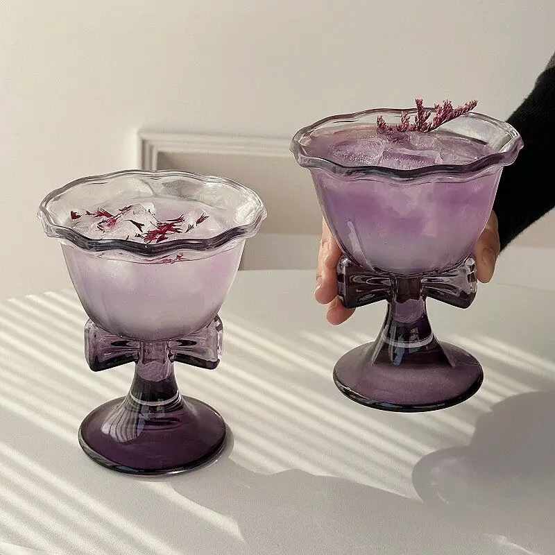 High Aesthetic Home Vintage Creative Purple Bow Glass Dessert Cup Ins Style Juice Coffee Champagne Cocktail Highfoot Cup