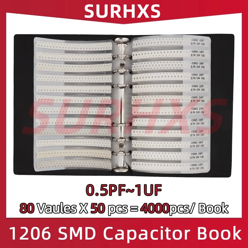 1206 SMD Capacitor Sample Book 80valuesX50pcs=4000pcs 0.5PF~1UF Capacitor Assortment Kit Pack