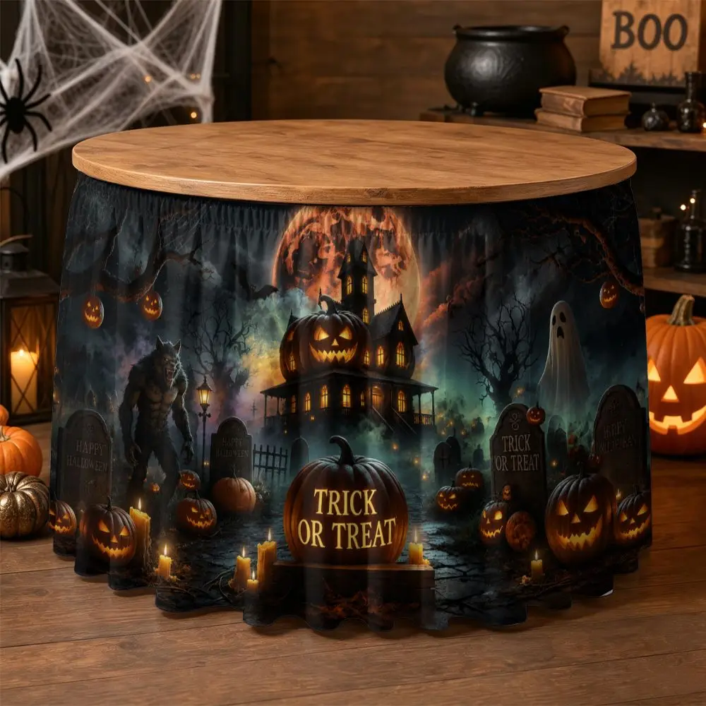One Halloween party table skirt, 2D flat Halloween pumpkin ghost haunted house scene for home decoration.