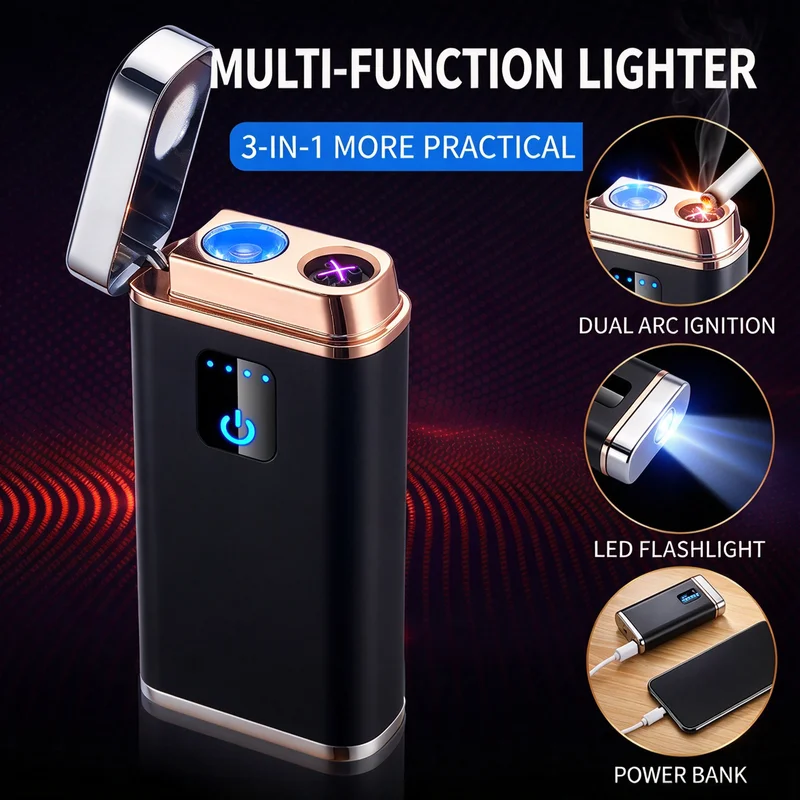 Three in one touch sensor dual arc lighter, USB rechargeable windproof flameless lighter, built-in power bank and LED flashlight
