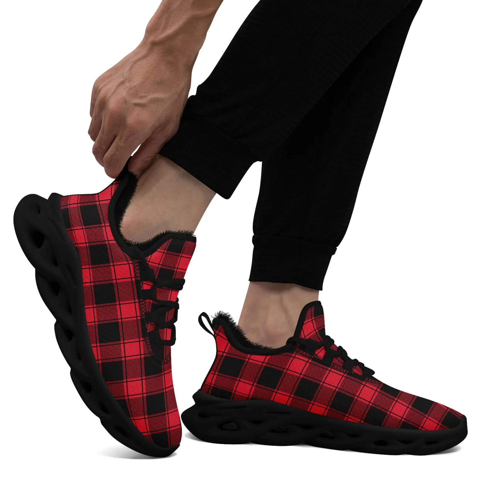 Customization Men'S Christmas Red Black Plaid Fashion Casual Sports Shoes, Trendy Warm Lined Chunky Sole Sneakers, Festive - view 5