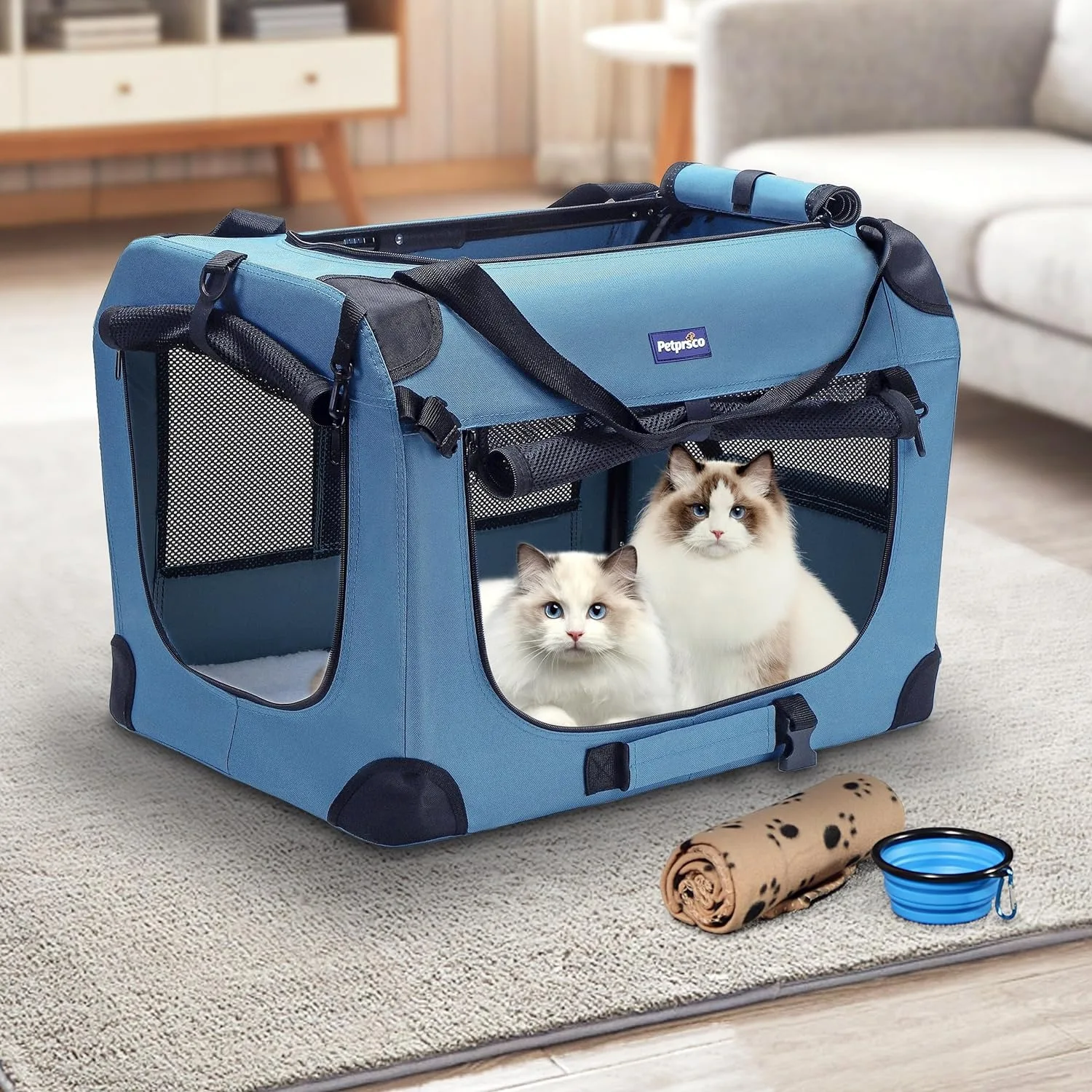 Petprsco Portable Collapsible Dog Crate, Travel Dog Crate 24x17x17 with Soft Warm Blanket and Foldable Bowl for Large Cats