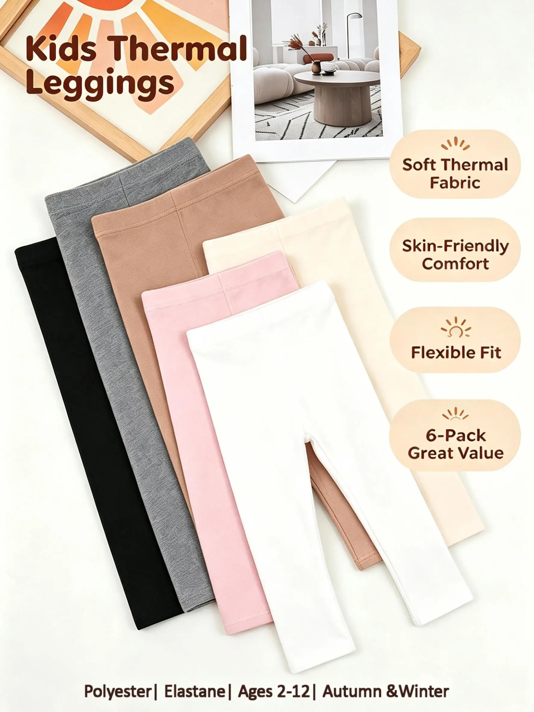 6 Pack Girls Thermal Leggings, Kids 2-12Y Dralon Ruffle Trim Casual Pants, Soft Warm Bottoms for Girls Daily Autumn Winter Wear