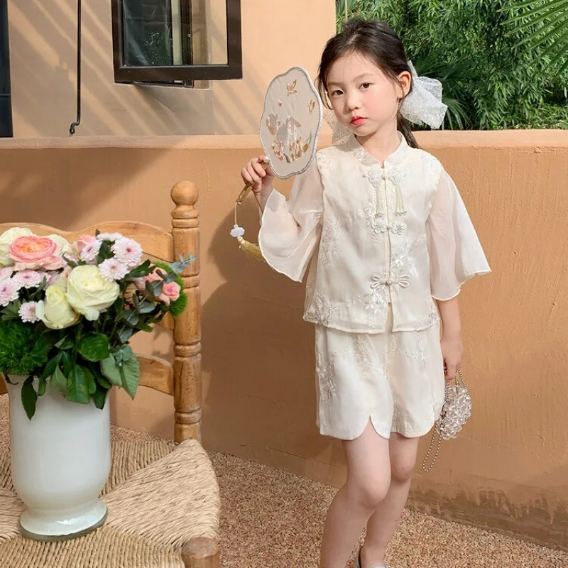 

Girls' Edition Children's 2025 Summer Baby New Chinese Casual Short Sleeve Shorts Two Piece Set