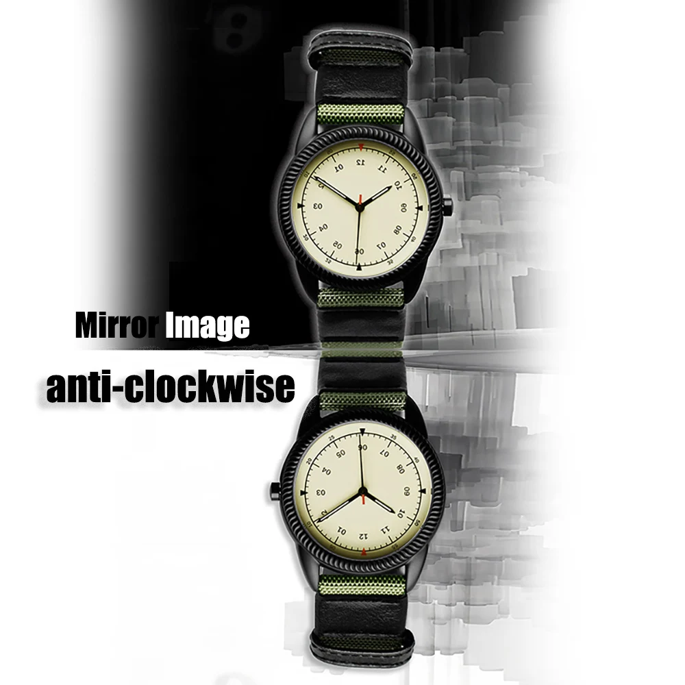 Mirror watch, counterclockwise quartz watch, neutral watch for reverse timekeeping, interesting gift, high-quality canvas strap