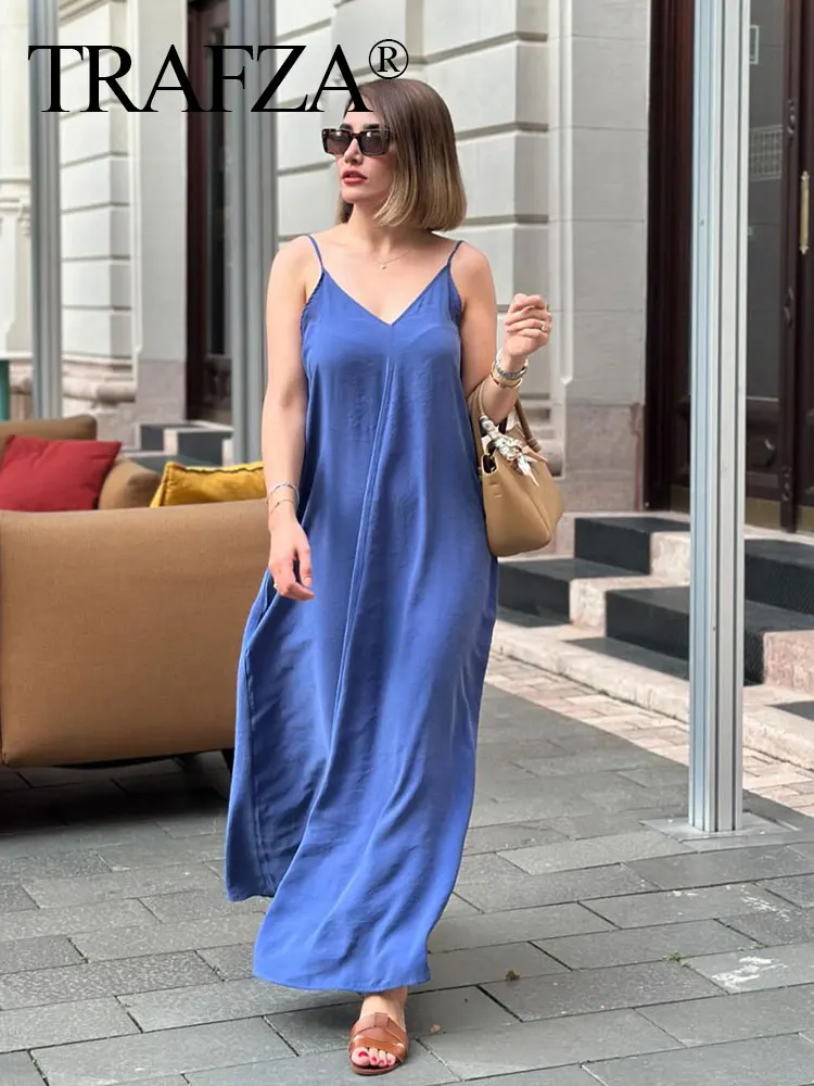 TRAFZA Summer Female Elegant 6-color Dew Shoulder V-Neck Dresses Sleeveless Pleated Adjustable Sling Thin Long Dress Mujer