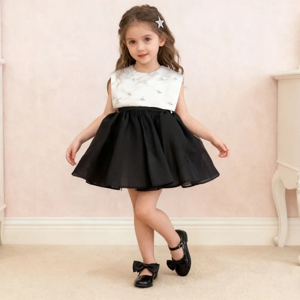Baby Black Satin Evening Dress | Toddler Birthday Party Gown | Infant Zhouzhua Outfit | Flower Girl Princess Dress for Host