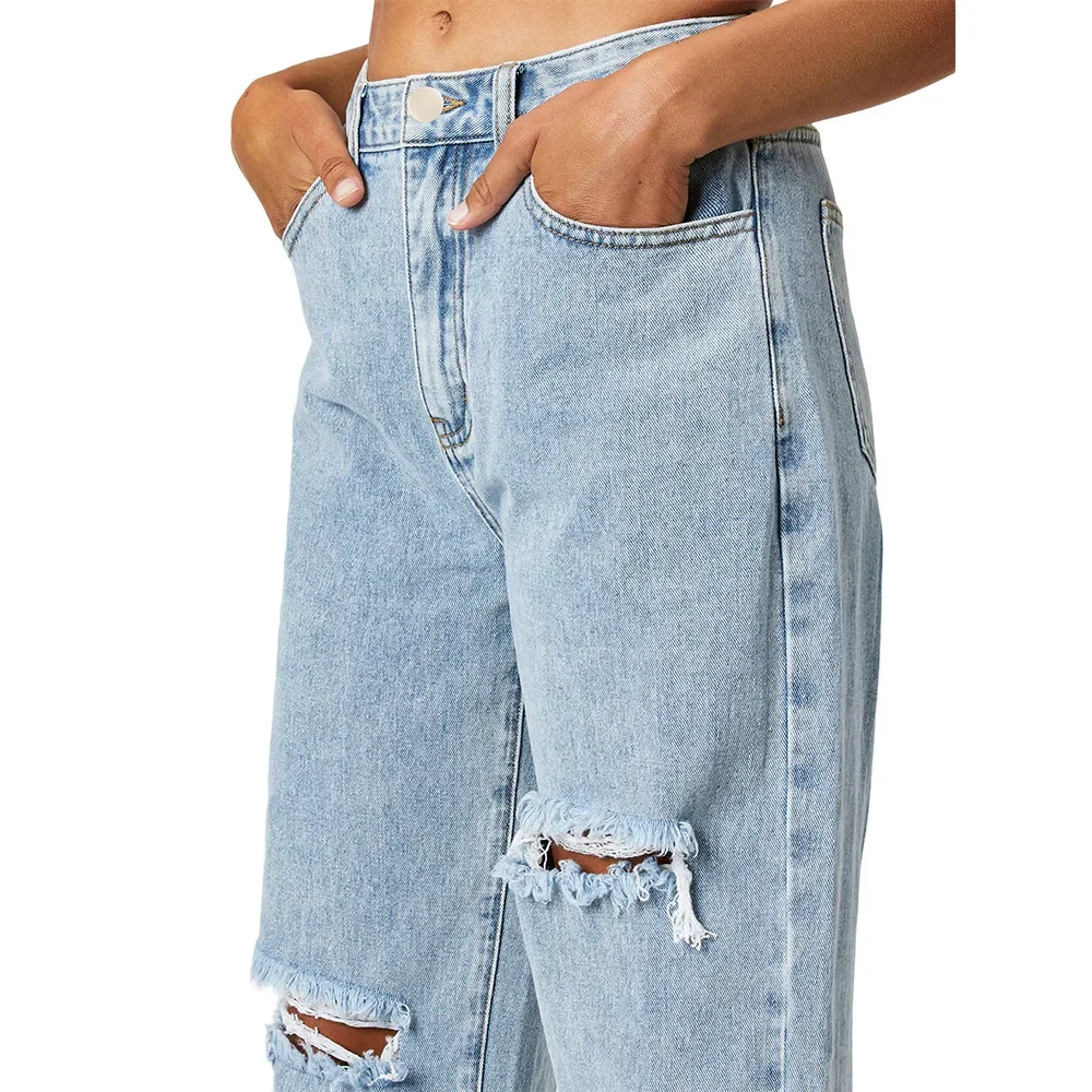 2026 Straight Pants Women Y2k Streetwear Hole Jeans High Waist Ripped Washed Pockets Vintage Basics Ankle Length Trousers Denim