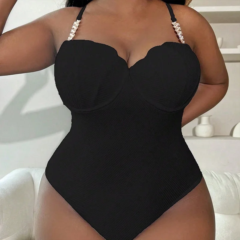 One-piece Swimsuit for Women with Steel Support, High-end Bikini with Diamond Straps, Large Size Plus Size Swimsuit Beachwear