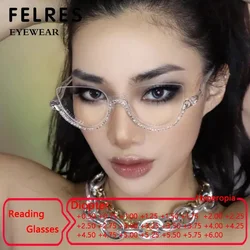 Personality Rhinestone Oval Reading Glasses Ladies Fashion Computer Filter Blue Light Blocking Glasses Half Frame Eyeglasses