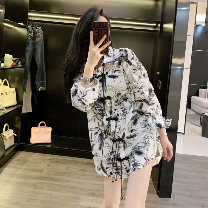 Shirts Women Baggy Chinese Style Vintage Printed Leisure Boyfriend Tops Spring Breathable Lapel Unisex Office Lady Chic Fashion