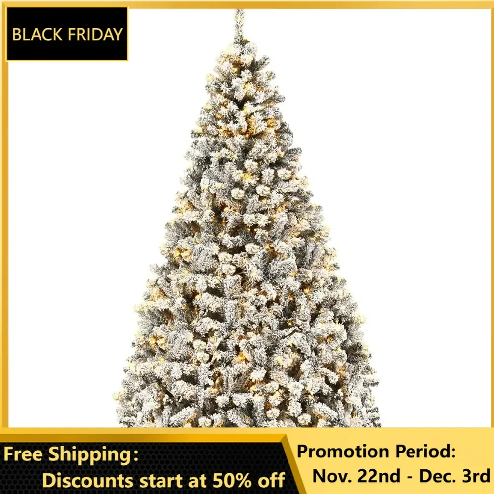 9ft Pre-Lit Christmas Tree, Premium PVC Snow Flocked Hinged Pine Tree with Metal Stand and LED Lights, Christmas Decoration