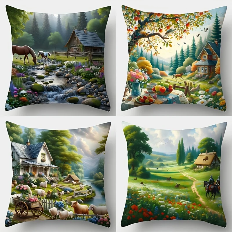 4Pcs Countryside Pillow Covers 45x45cm Double-sided Printed Farm House Horse Sheep Cushion Cases Nature Scenery Decor No Insert