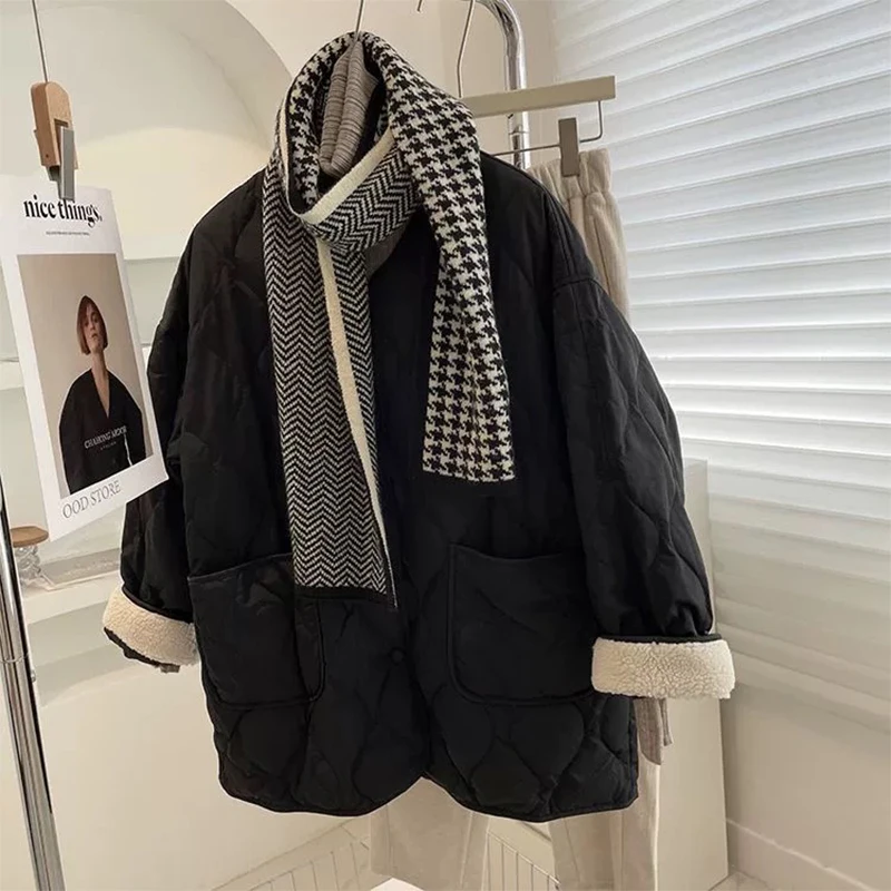 Women White Parka Jacket Warm Long Sleeve Coat Oversize Outerwear Korean Vintage Checked Padded Jacket 2000s Clothes Winter 2024