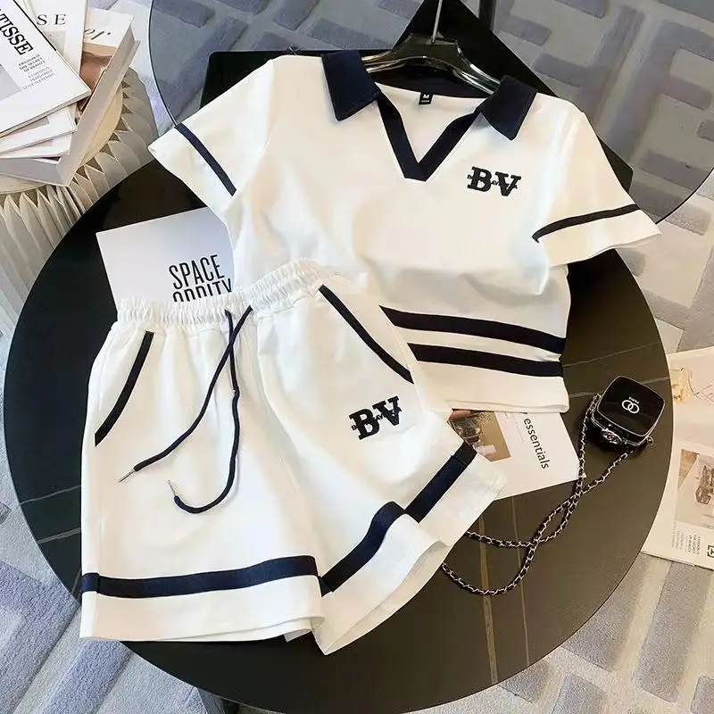 Summer Children Girls Clothes Set V Neck Tshirts and Shorts 2 Pieces Suit Teenage Girls Short Sleeve Top Bottom Tracksuit