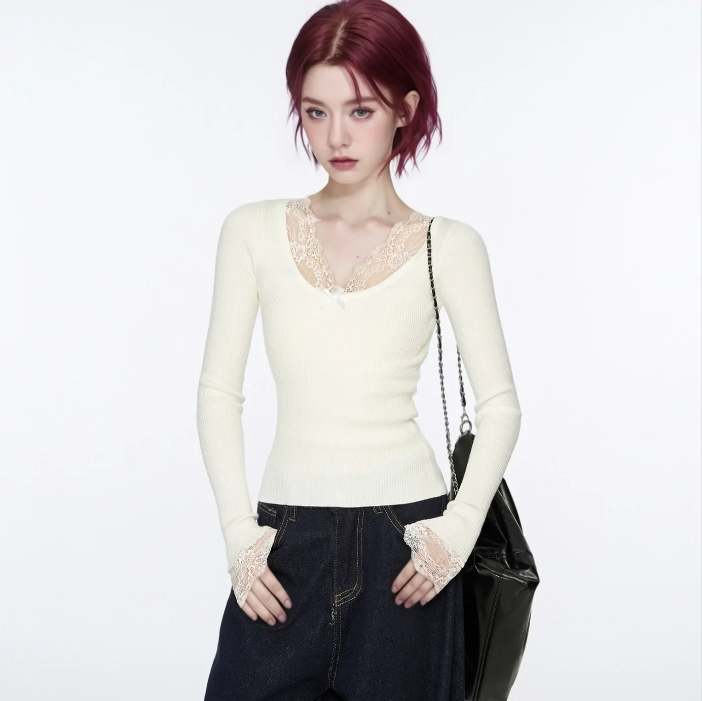 

Women's Base Shirt Pure Desire Top Slimming Bottoming Shirt Cross Border Fashion Slim Fit Lace V Neck Long Sleeve T Shirt