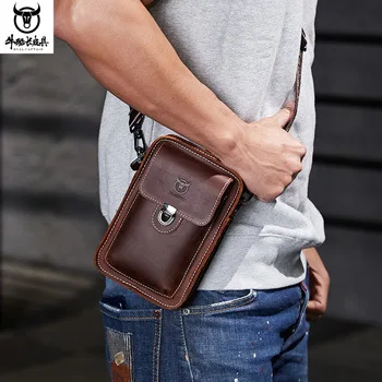 

Crazy Horse leather men wear leather belt mobile phone Fanny pack multi-function shoulder mobile phone storage crossbody bag