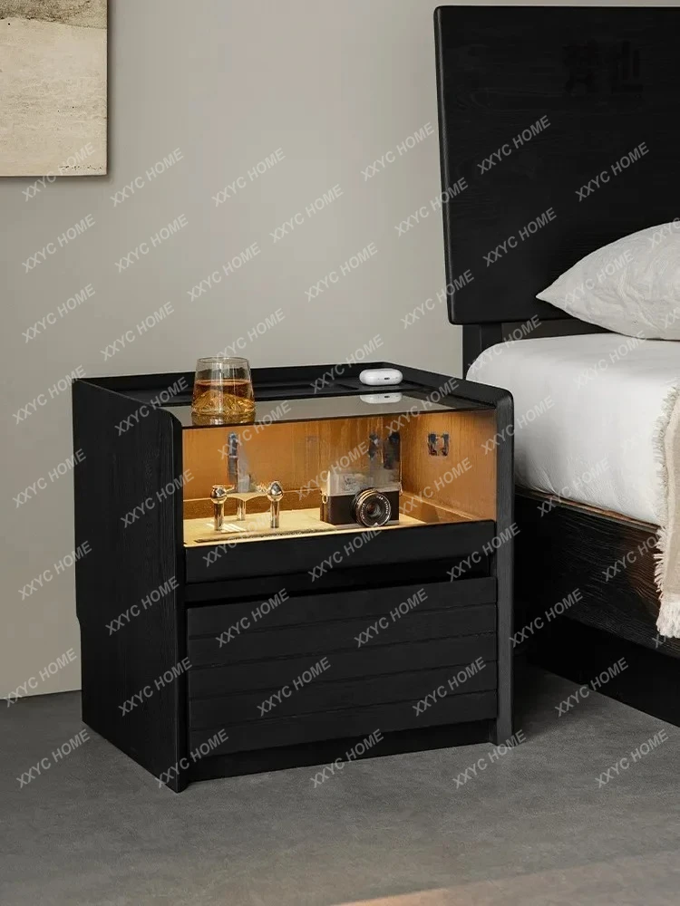 ss CSmart bedside table Wireless charging Home bedroom Bedside solid wood locker Black cabinet with light