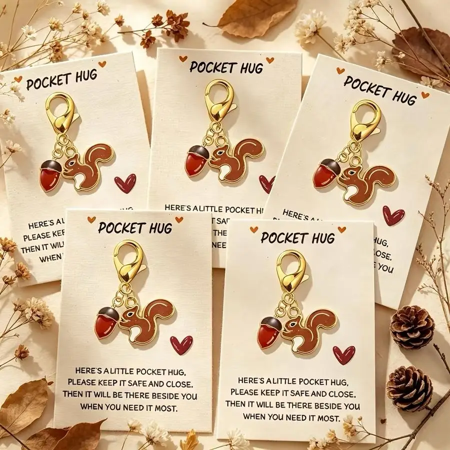 1/5/10/20/50/100pcs Pocket Hug Squirrel Keychain, Cute Acorn Pendant Key Ring with Inspirational Card, Enamel Animal Charm, Suit