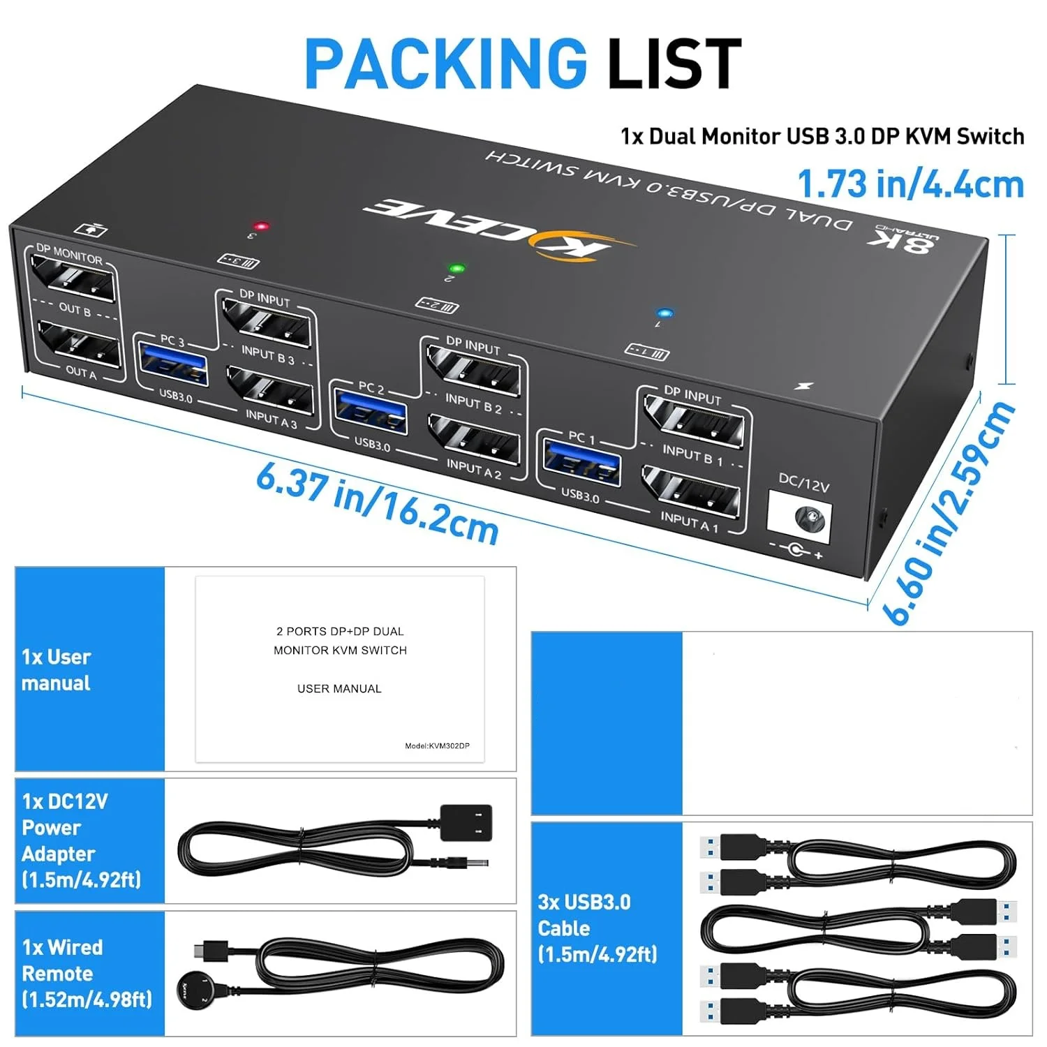 NIEUW KCEVE Dual Monitor KVM Switch USB 3.0 Displayport 8K@30Hz 4K@144Hz 3 Computers delen 2 Monitoren en 4 USB 3.0 apparaten Bedrade afstandsbediening en kabels inbegrepen