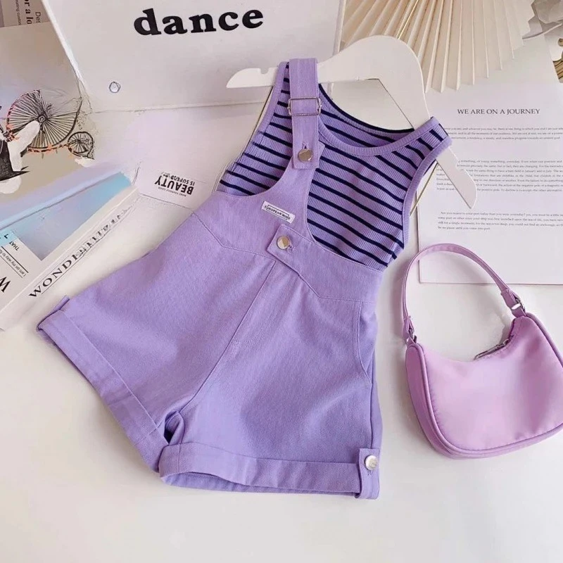 

Летний костюм для девочек, полосатая футболка + шорты на подтяжках, детский комплект из двух предметов, комплекты одежды для девочек, новая детская одежда, 2 шт., 2, 3, 4, 5, 6, 7 лет