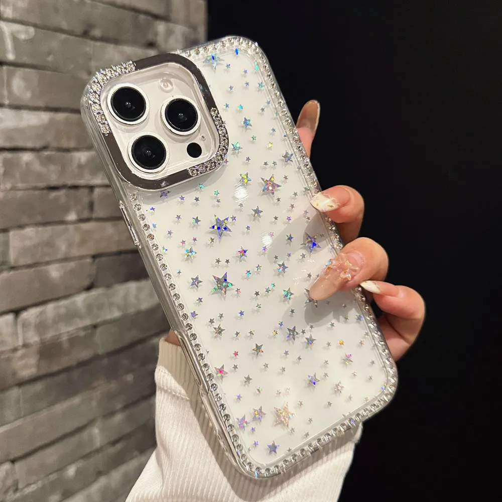 

Luxury Diamond Star Glitter Phone Case For iPhone 15 11 12 13 14 16 Pro Max 16 Plus Bling Transparent Shockproof Soft TPU Cover