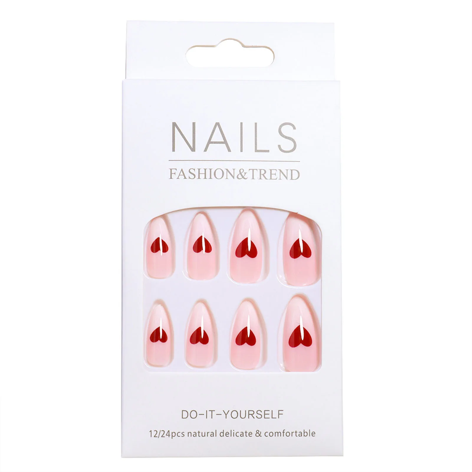 Almond Pink Press-on Nail Heart Print Gradient Color Removable Artificial Nail for Daily Lives Everyday Use