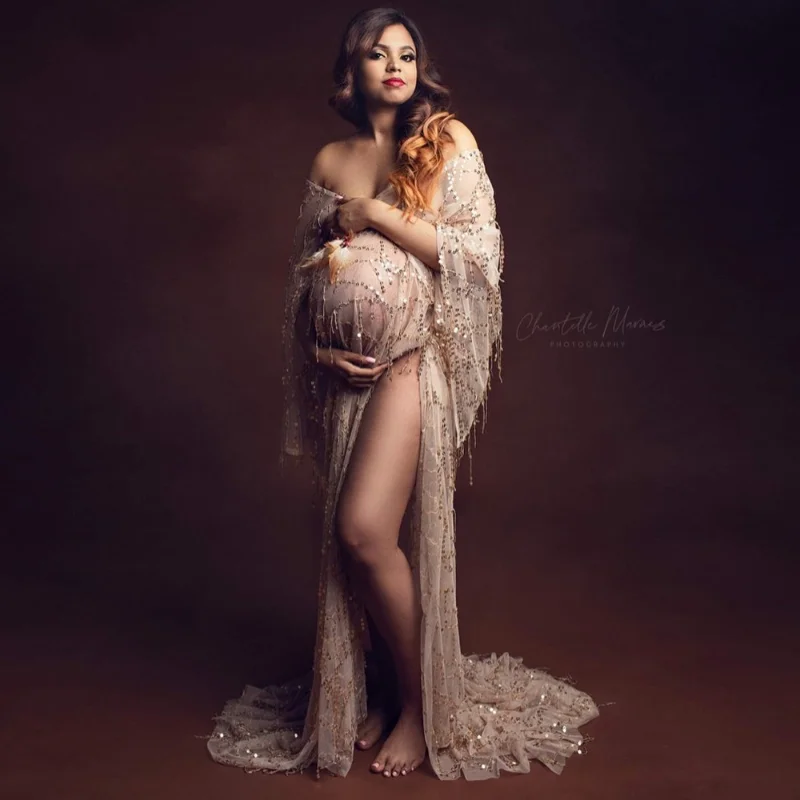 Boho Materntiy Photoshoot Dress sexy Tassels Sequins Champagne Bohemian Tulle Sequined Pregnant Woman Photography Dress