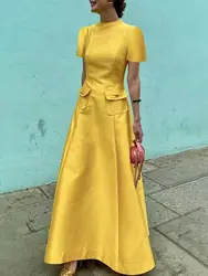 Bonboho Solid Yellow Ankle Legth Dress for Women 2024 Summer Elegant Evening Dress Short Sleeve Pockets A-line Maxi Dress