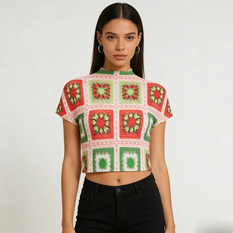 

Miyake Pleated Short Sleeve T-Shirt with Vintage Print Corn Grain Design, Elegant Slim Fit Top for Women, New Summer Style