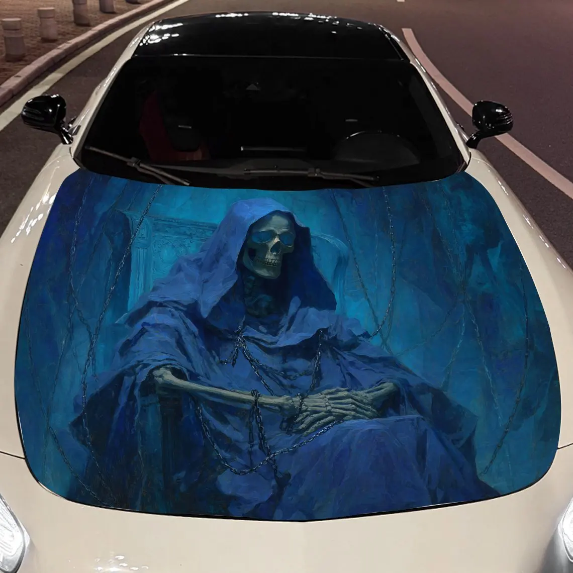 

A skeleton draped in a blue cloak Car hood packaging sticker, PVC material, self-adhesive waterproof, anti-slip paint, car exter