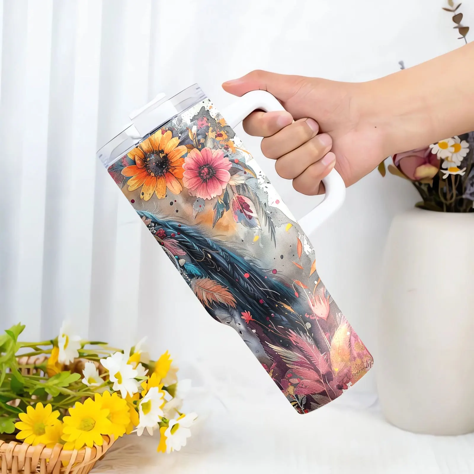 1pc Stainless Steel 40oz Tumbler with Straw, Lid & Handle - Floral Horse Design, Vacuum Insulated Travel Mug for Hot & Cold Beverages, Ideal Gift for Colleagues & Friends, Suitable for Home, Office, Car, Outdoor Activities
