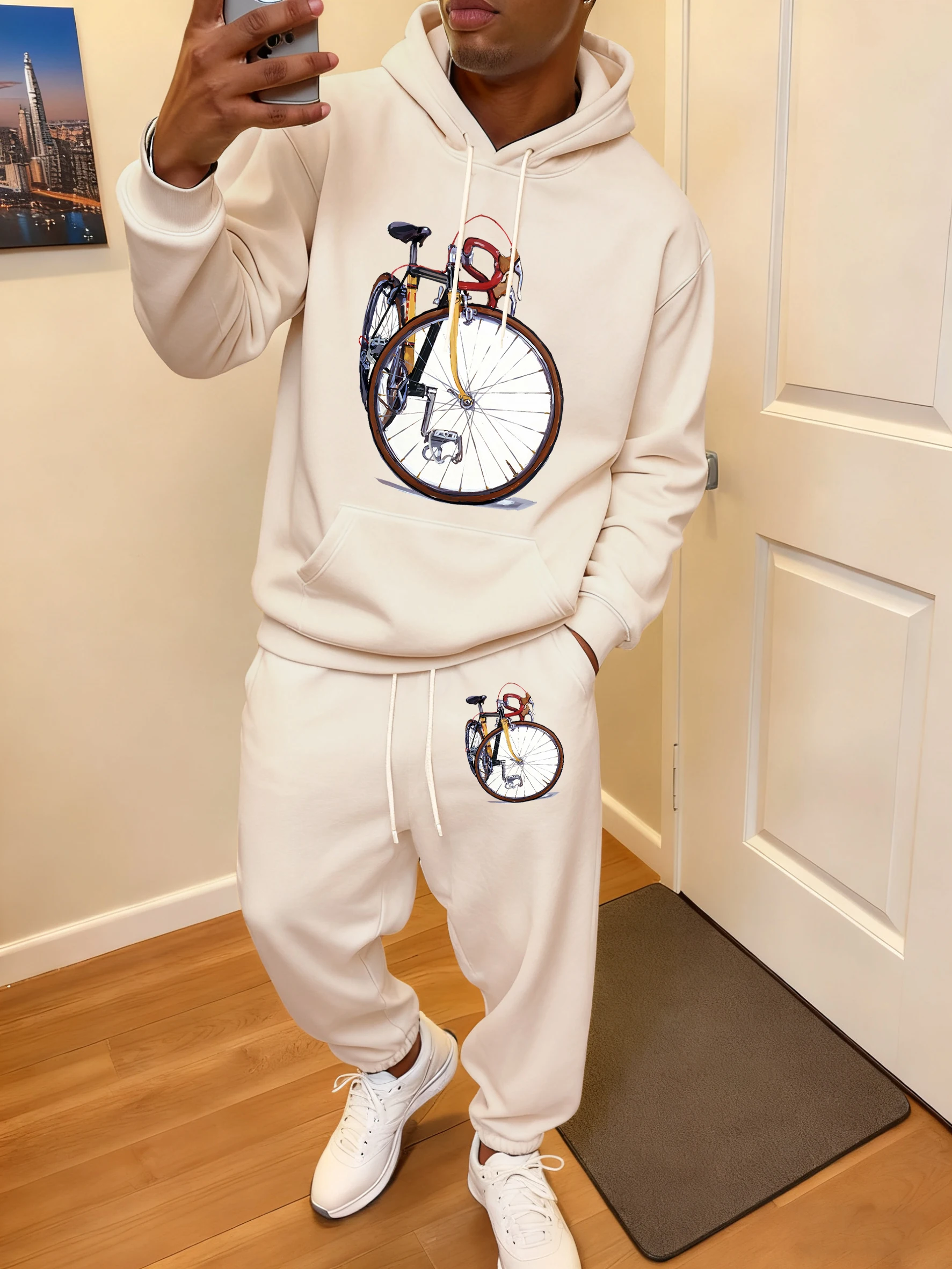 

Retro Style Bicycle Print Jogging Pants Men Fleece Street Hoodie Set Loose Pocket Sweatshirt Casual Soft Sweatpants Autumn Suit