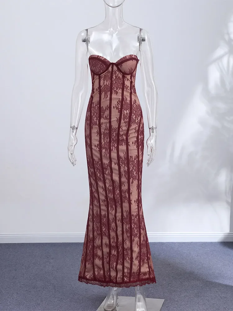 Elegantes, schickes Partykleid aus Gaze mit Fischgrätenmuster, schulterfreies, trägerloses Maxikleid für Damen, Spitze, tailliert, Vestidos 2026, Abendkleider – Detail 2