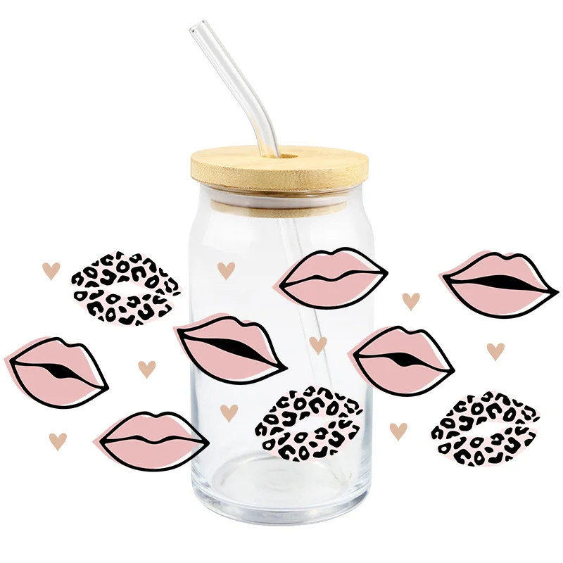 Lips UV DTF Transfer Sticker Leopard Print And Pink For Wraps The Libby Glasses DIY Waterproof Bottles Easy To Use Custom Decals