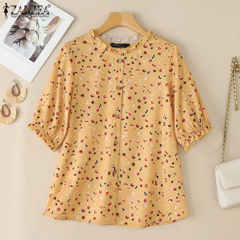2026 ZANZEA Summer Floral Printed Blouse Women Bohemian Holiday Tops Vintage Casual Beach Shirt Loose Retro Tunic Blusas Mujer view 5