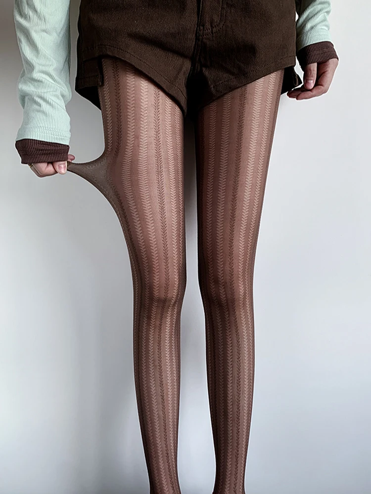 Women Vertical Wheat Jacquard Sheer Pantyhose, Striped Textured Tights, ElasticThin Knit FullLength Stockings forOutfit Matching