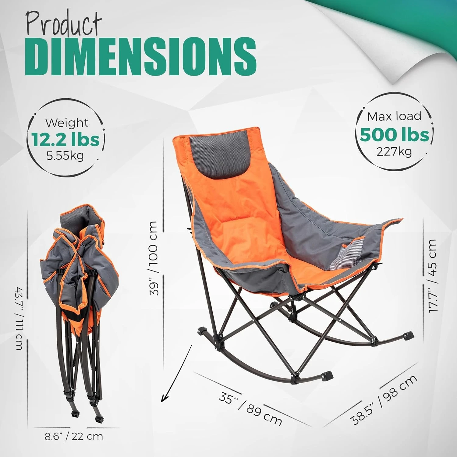 

Oversized Rocking Camping Chair, Fully Padded Patio Chair with Side Pocket, High Back Portable Lawn Recliner with Headrest