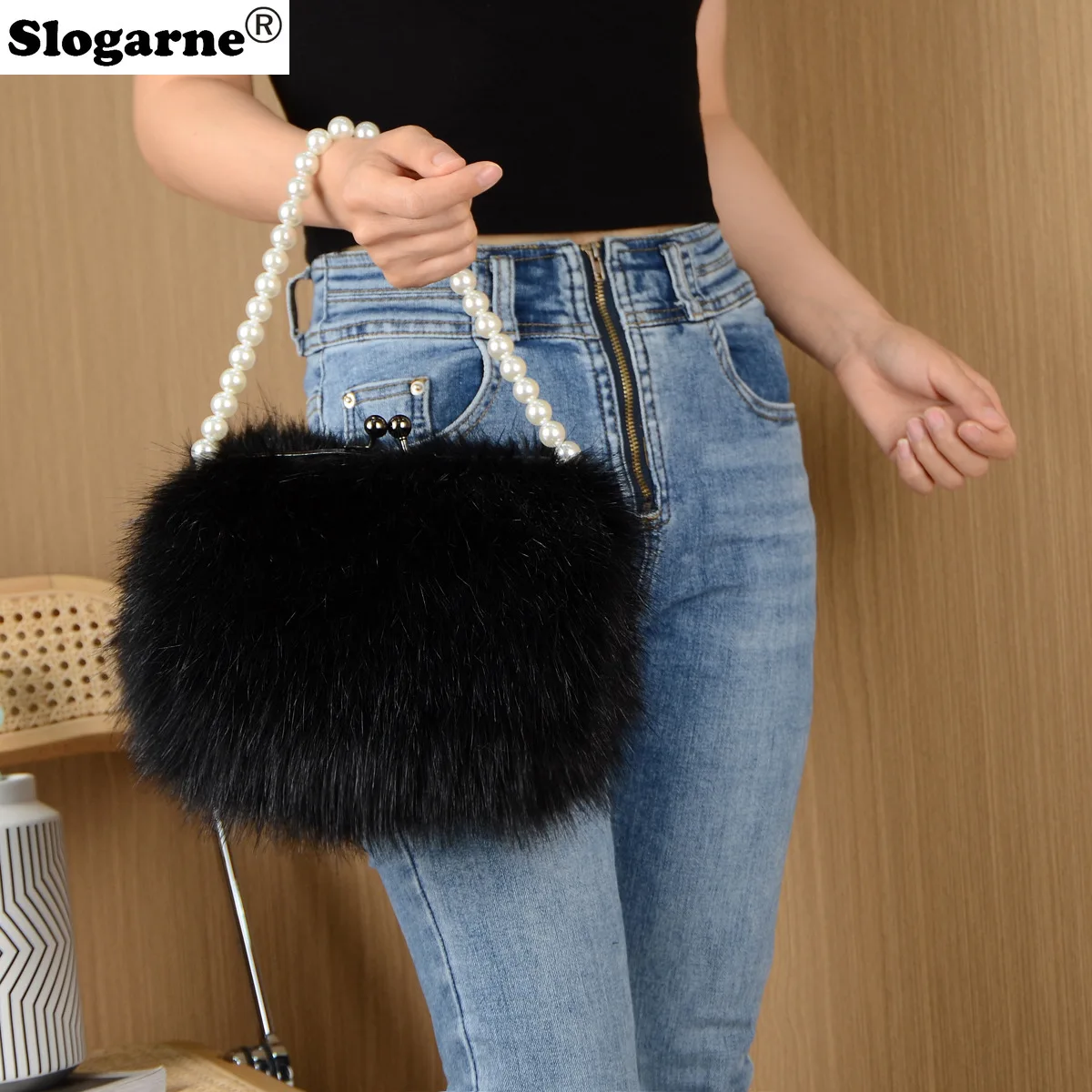 

Women's Winter Faux Fur Top Handle Bags Candy Color Pearl Handle Ladies Fox Fur Handbag Female Small Fluffy Clutch Evening Bags