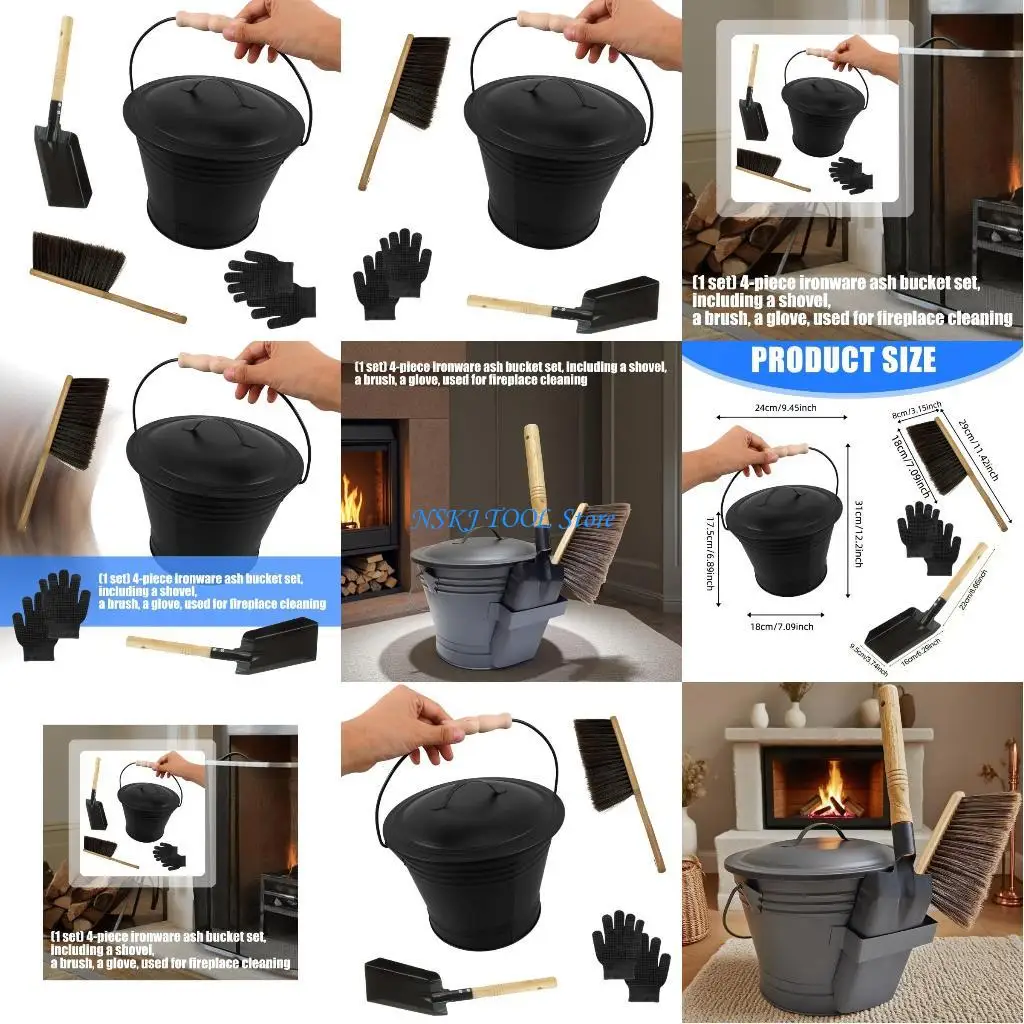 

L8RC Прочные утюги Камины Набор ведер для золы с термостойкими щетками-лопатками Перчатки