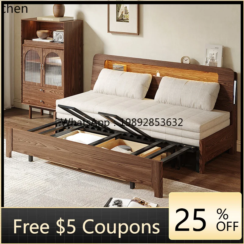 

furniture cotton and linen all-solid wood sofa bed foldable dual-purpose small apartment multi-functional storage