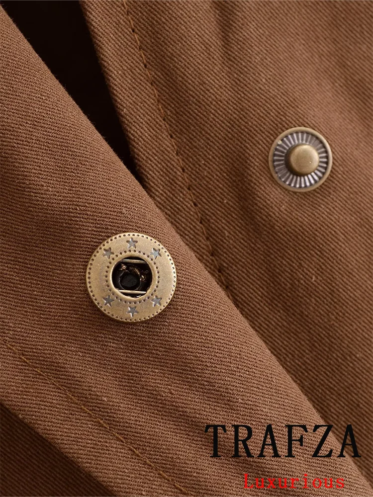 TRAFZA Vintage Casual Chicผู้หญิงแจ็คเก็ตเข็มขัดเดี่ยวBreasted Turn-Downคอยาวเสื้อแฟชั่น 2024 ฤดูใบไม้ร่วงฤดูหนาวเสื้อ