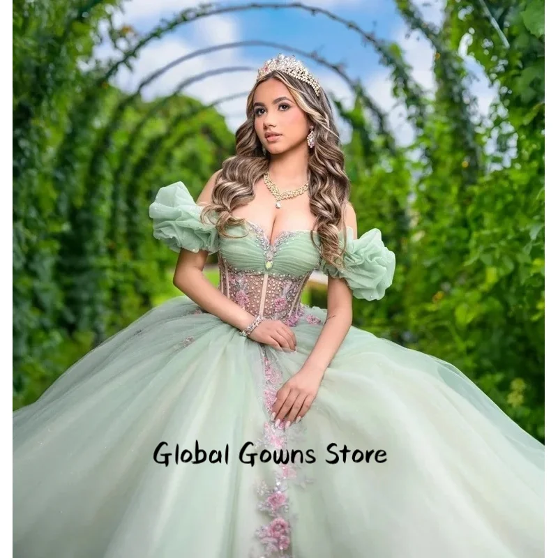 Verde quinceanera vestidos de baile querida tule apliques pérolas doce 16 vestidos 15 anos personalizado