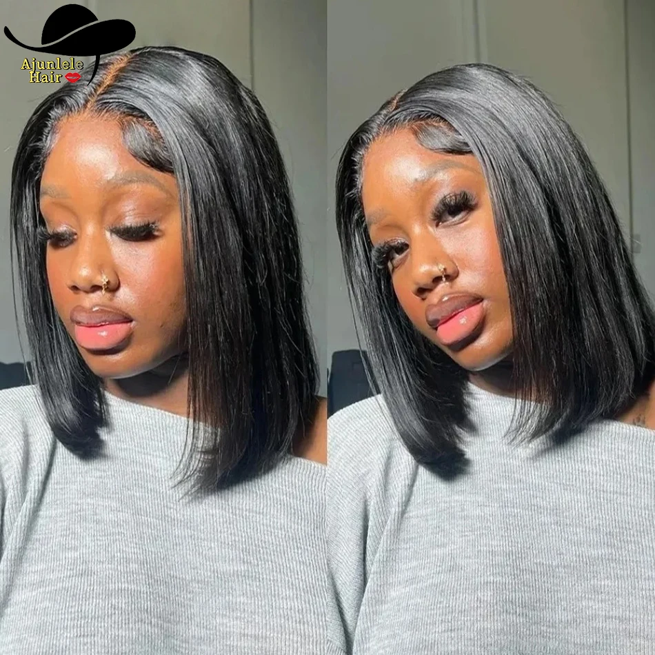 

Парик Ajunlele Bob, человеческие волосы, прямые 4x4, парик с кружевной застежкой, индийские волосы 13x4, прозрачный кружевной фронтальный короткий парик для чернокожих женщин