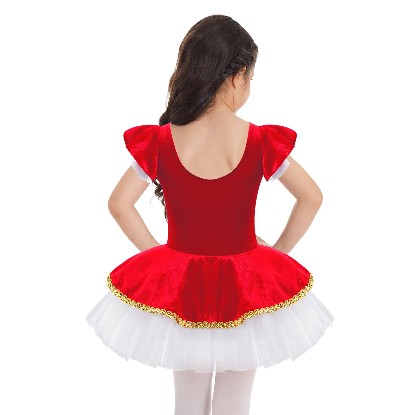 Girls Mesh Leotard Dress Halloween Carnival Circus Cosplay Performance Costume Ballet Dance Tutu Short Sleeve Sequin Dancewear