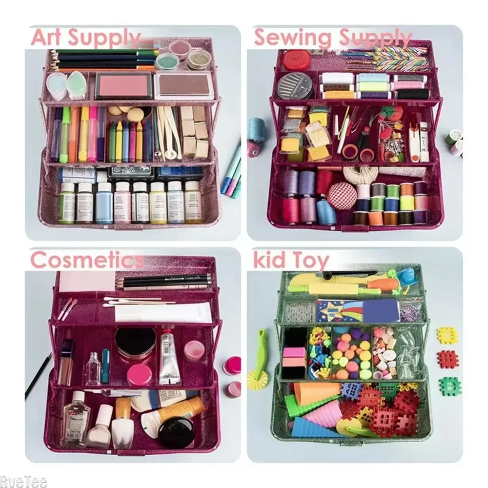 Glitter Pink & Craft Tool Storage Box 3-Layer Stackable Carry Tackle Beauty Cosmetics Hand-held Sewing Case Organizer for Art