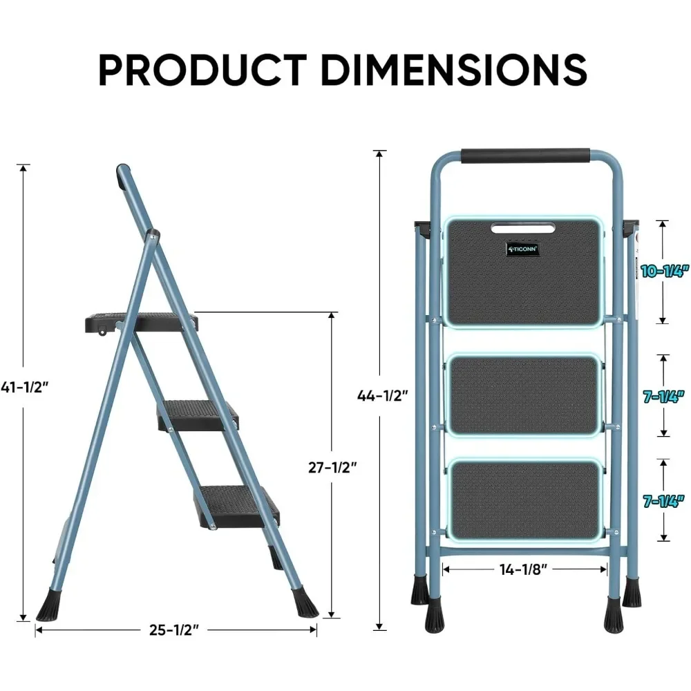 3 Step Ladder, Heavy Duty Foldable Step Stool, Portable Steel Folding Stool for Household Garage Storage (Blue)